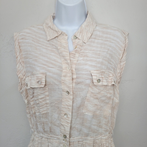 Lola Sport Women's 40 Medium Beige Ivory Cap Sleeve Midi Dress Button Down - Picture 5 of 13